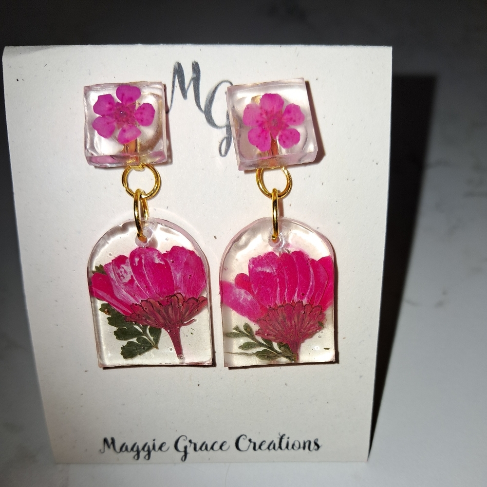 Handmade Pink Floral Resin Earrings